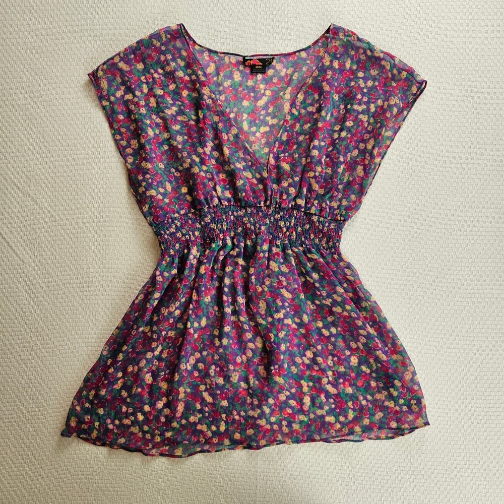 Floral Y2K Babydoll Smocked Waist Sheer Blouse Purple Pink M Layering Coquette